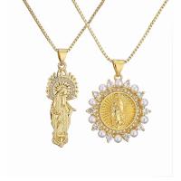 Cubic Zircon Micro Pave Brass Necklace, with Plastic Pearl, with 1.97 extender chain, Virgin Mary, gold color plated & micro pave cubic zirconia & for woman, golden .75 Inch 