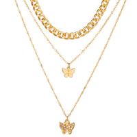 Fashion Multi Layer Necklace, Zinc Alloy, with 1.97inch extender chain, Butterfly, gold color plated, three layers & for woman & with rhinestone, 15mm Approx 15.7 Inch, Approx 17.3 Inch, Approx 20 Inch 
