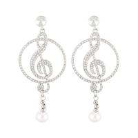 Zinc Alloy Rhinestone Drop Earring, with Plastic Pearl, Music Note, platinum color plated, for woman & with rhinestone & hollow 
