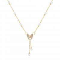Rhinestone Zinc Alloy Necklace, with Plastic Pearl, with 2.95inch extender chain, Butterfly, fashion jewelry & for woman & with rhinestone, golden Approx 15.35 Inch 