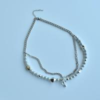 Collar de perlas de plástico, Partículas de acero, con Perlas plásticas, Cruces, chapado en color de plata, Doble capa & para mujer, plateado, longitud:15.75 Inch, Vendido por UD