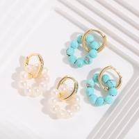Huggie Hoop Drop Earring, Brass, with Synthetic Turquoise & Freshwater Pearl, 14K gold plated, for woman 12mm 