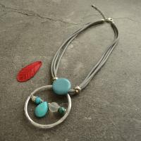 Turquoise Zinc Alloy Necklace, with turquoise & Cotton Cord & Acrylic, with 3.15 extender chain, silver color plated, for woman, mixed colors .72 Inch 