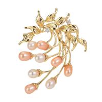 Freshwater Pearl Brooch, Zinc Alloy, with Freshwater Pearl, fashion jewelry & for woman & with rhinestone, golden 