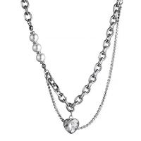 Titanium Steel Jewelry Necklace, with Plastic Pearl, with 6.5cm extender chain, Heart, fashion jewelry & for woman & with rhinestone, silver color cm, 17 cm 
