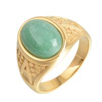 Gemstone Finger Ring, Titanium Steel, with Green Aventurine, gold color plated & for man, green 
