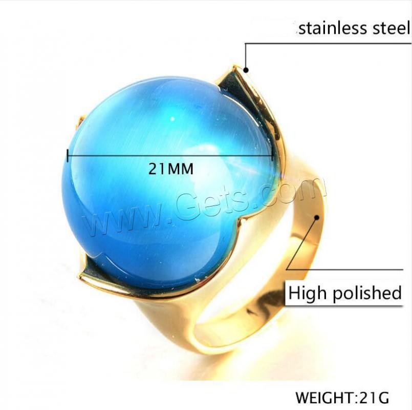 Gemstone Stainless Steel Finger Ring, with Cats Eye, gold color plated, different size for choice & for woman, more colors for choice, Sold By PC