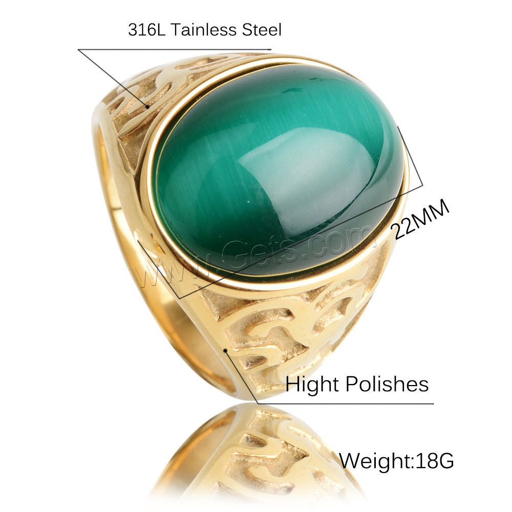 Gemstone Stainless Steel Finger Ring, with Cats Eye, gold color plated, Unisex & different size for choice, more colors for choice, Sold By PC