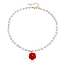 Plastic Pearl Necklace, Zinc Alloy, with ABS Plastic Pearl & Resin, with 5cm extender chain, Rose, gold color plated, fashion jewelry & for woman, two different colored, 20mm cm 