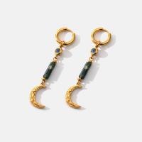 Huggie Hoop Drop Earring, 304 Stainless Steel, with Natural Stone, Moon, 18K gold plated, fashion jewelry & for woman 