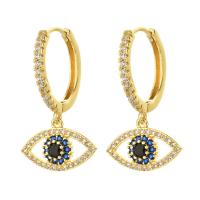 Huggie Hoop Drop Earring, Brass, Evil Eye, 14K gold plated, micro pave cubic zirconia & for woman, golden 