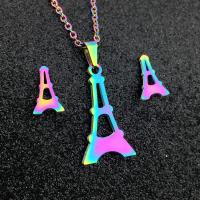 Fashion Stainless Steel Jewelry Sets, 304 Stainless Steel, Stud Earring & necklace, Eiffel Tower, Vacuum Plating, 2 pieces & fashion jewelry & for woman, multi-colored, 13*23mm,7*11mm Approx 17.72 Inch 