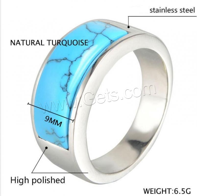 Piedras preciosas de acero inoxidable anillo de dedo, con turquesa, pulido, unisexo & diverso tamaño para la opción, azul, Vendido por UD