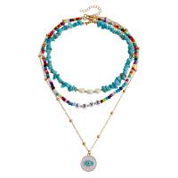 Fashion Multi Layer Necklace, Zinc Alloy, with Seedbead & ABS Plastic Pearl & turquoise, with 5cm extender chain, gold color plated, three pieces & fashion jewelry & evil eye pattern & for woman & enamel, multi-colored, 20mm cm 