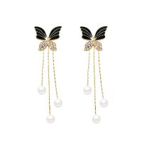 Fashion Fringe Earrings, Zinc Alloy, with ABS Plastic Pearl, Butterfly, high quality plated, fashion jewelry & for woman & with rhinestone, two different colored 