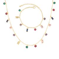 Brass Jewelry Set, with Glass Stone, with 5 extender chain, gold color plated, fashion jewelry & for woman, gold 30015mm cm, 17 cm 