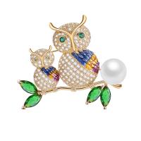 Cubic Zirconia Brooch, Brass, with Plastic Pearl, Owl, fashion jewelry & micro pave cubic zirconia & for woman 