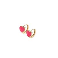 Brass Huggie Hoop Earring, Heart, 14K gold plated, for woman & enamel 