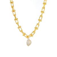 Freshwater Pearl Brass Necklace, with Freshwater Pearl, with 1.97 extender chain, 14K gold plated, for woman, golden .75 Inch 