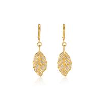 Huggie Hoop Drop Earring, Brass, Leaf, gold color plated, fashion jewelry & micro pave cubic zirconia & for woman, golden 