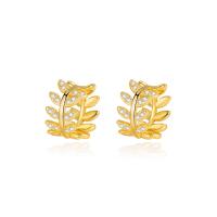Brass Huggie Hoop Earring, Leaf, gold color plated, fashion jewelry & micro pave cubic zirconia & for woman, golden 