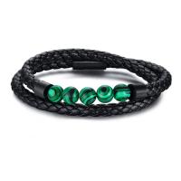 Gemstone Bracelets, Leather, with Natural Stone & Titanium Steel, handmade, braided bracelet & Unisex black cm 