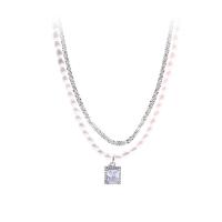 Plastic Pearl Necklace, Brass, with ABS Plastic Pearl, with 5.5cm extender chain, platinum plated, 2 pieces & fashion jewelry & for woman & with cubic zirconia, two different colored cm 