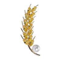 Cubic Zirconia Brooch, Zinc Alloy, with Cubic Zirconia & Plastic Pearl, Wheat, gold color plated, for woman, golden yellow 