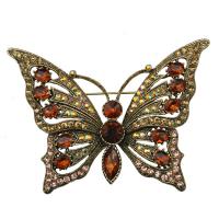 Rhinestone Zinc Alloy Brooch, Butterfly, antique gold color plated, Unisex & with rhinestone, mixed colors 