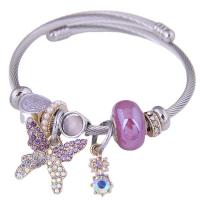 Stainless Steel Bangle, 304 Stainless Steel, with Plastic Pearl, Butterfly, for woman & with rhinestone 