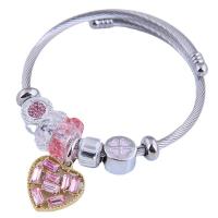 Stainless Steel Bangle, 304 Stainless Steel, with Crystal & Zinc Alloy, Heart, plated, for woman & enamel & with rhinestone 55mm 