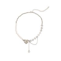Collar de perlas de plástico, aleación de zinc, con Perlas plásticas, Corazón, chapado en color de platina, para mujer, longitud:aproximado 15.35 Inch, Vendido por UD