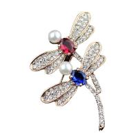 Rhinestone Zinc Alloy Brooch, with Freshwater Pearl, Dragonfly, real gold plated, for woman & with rhinestone 