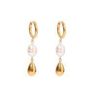Huggie Hoop Drop Earring, 304 Stainless Steel, with Freshwater Pearl, Vacuum Ion Plating, fashion jewelry & for woman, golden 