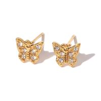 Stainless Steel Rhinestone Stud Earring, 304 Stainless Steel, Butterfly, Vacuum Ion Plating, fashion jewelry & for woman & with rhinestone, golden 