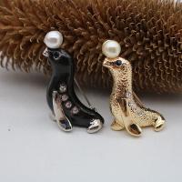 Plastic Pearl Brooch, Zinc Alloy, with Plastic Pearl, Phoca Vitulina, plated, for woman & with rhinestone 