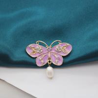 Freshwater Pearl Brooch, Zinc Alloy, with Freshwater Pearl, Butterfly, gold color plated, for woman & enamel & with rhinestone 