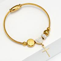 Stainless Steel Bangle, 304 Stainless Steel, with Magnet, Cross, Vacuum Ion Plating, for woman & with rhinestone, golden, 10mm, Inner Approx 60mm 