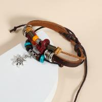 Cowhide Bracelets, with Wax Cord & Wood & Zinc Alloy, Adjustable & fashion jewelry Approx 17-18 cm 