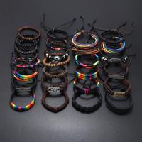 Bracelet en cuir artificiel, avec corde de cire & bois & alliage de zinc, 30 & bijoux de mode & unisexe, couleurs mélangées Environ 17-18cm , Vendu par fixé