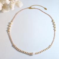 Verre collier de perles en émail, Acier titane, avec Des billes de verre & perle d'eau douce cultivée, avec 1.97inch chaînes de rallonge, bijoux de mode & pour femme, doré Environ 16.54 pouce, Vendu par PC