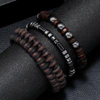PU Leather Bracelet, with Glass Beads & Hematite & Zinc Alloy, three pieces & fashion jewelry & for man, coffee color, 5-6cm 