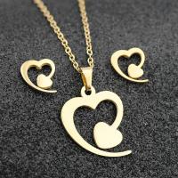 Fashion Stainless Steel Jewelry Sets, 304 Stainless Steel, Stud Earring & sweater chain necklace, Heart, Vacuum Plating, 2 pieces & fashion jewelry & for woman, golden, 18*19mm,9*10mm Approx 17.72 Inch 