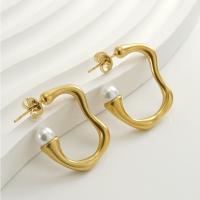 Titanium Steel Earrings, with Plastic Pearl, 18K gold plated, fashion jewelry & for woman, golden, 26mm 