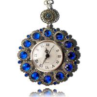 Wall Clock, Zinc Alloy, Flower, antique silver color plated, evil eye pattern & with rhinestone, blue 