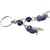 Evil Eye Key Chain, Zinc Alloy, with Lampwork, Owl, antique silver color plated, evil eye pattern & with rhinestone, blue, 42mm,12mm cm 