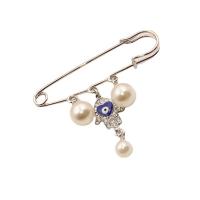 Rhinestone Zinc Alloy Brooch, with Plastic Pearl, Hand, silver color plated, evil eye pattern & for woman & enamel & with rhinestone, 75mm 
