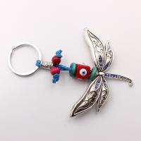 Evil Eye Key Chain, Zinc Alloy, with Wood & Resin, Dragonfly, antique silver color plated, evil eye pattern & with rhinestone cm 