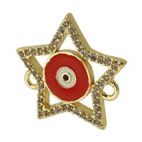 Conector de joyería de mal de ojo, metal, Estrella, chapado en oro real, micro arcilla de zirconia cúbica & esmalte, Rojo, 18x17x2mm, agujero:aproximado 2mm, Vendido por UD