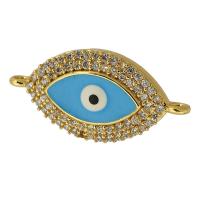 Conector de joyería de mal de ojo, metal, chapado en oro real, micro arcilla de zirconia cúbica & esmalte, azul, 25x12x3mm, agujero:aproximado 1mm, Vendido por UD